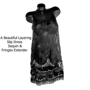 Black Lace  Slip Tank Dress with Sequin & Fringes Extender.